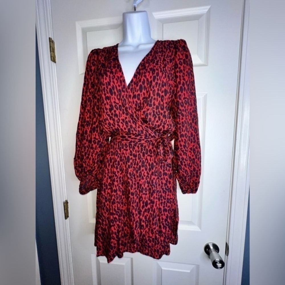 NWT IRO Women’s FR 40 L Red Animal Print Boina Wrap Mini Dress US 8 Long Sleeve - Picture 2 of 16